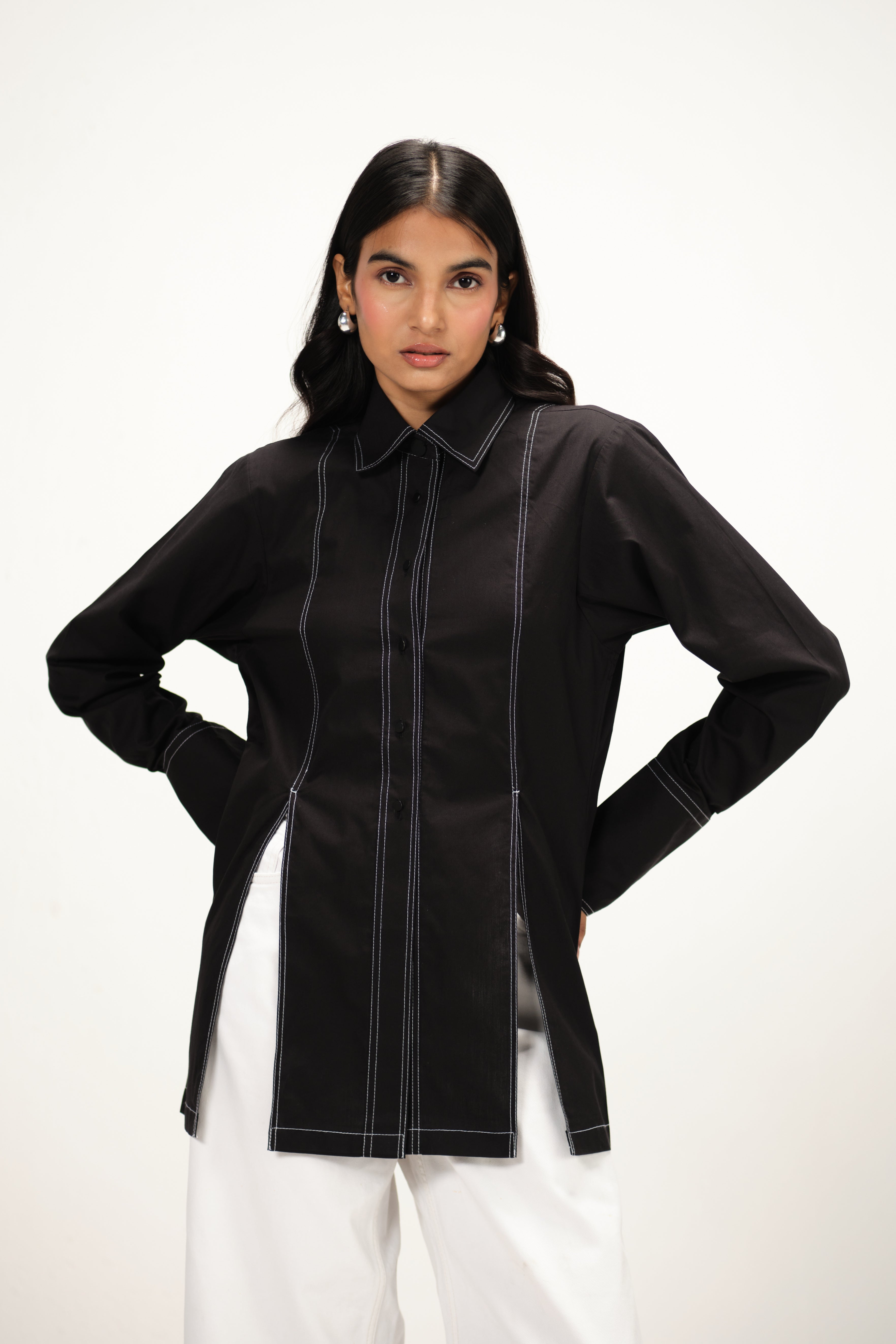 Poplin Shirt with Top Stitch Detail | Black