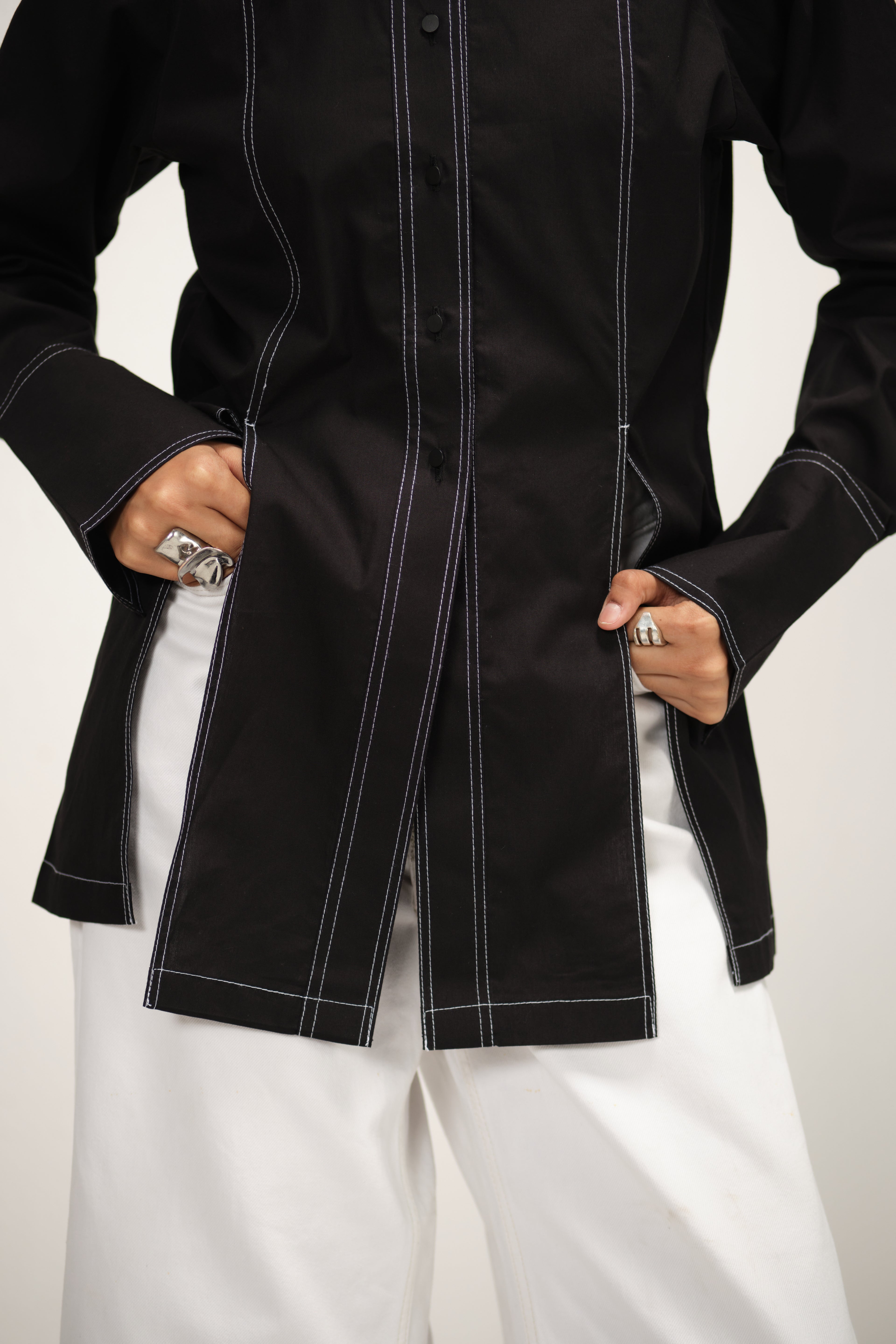 Poplin Shirt with Top Stitch Detail | Black