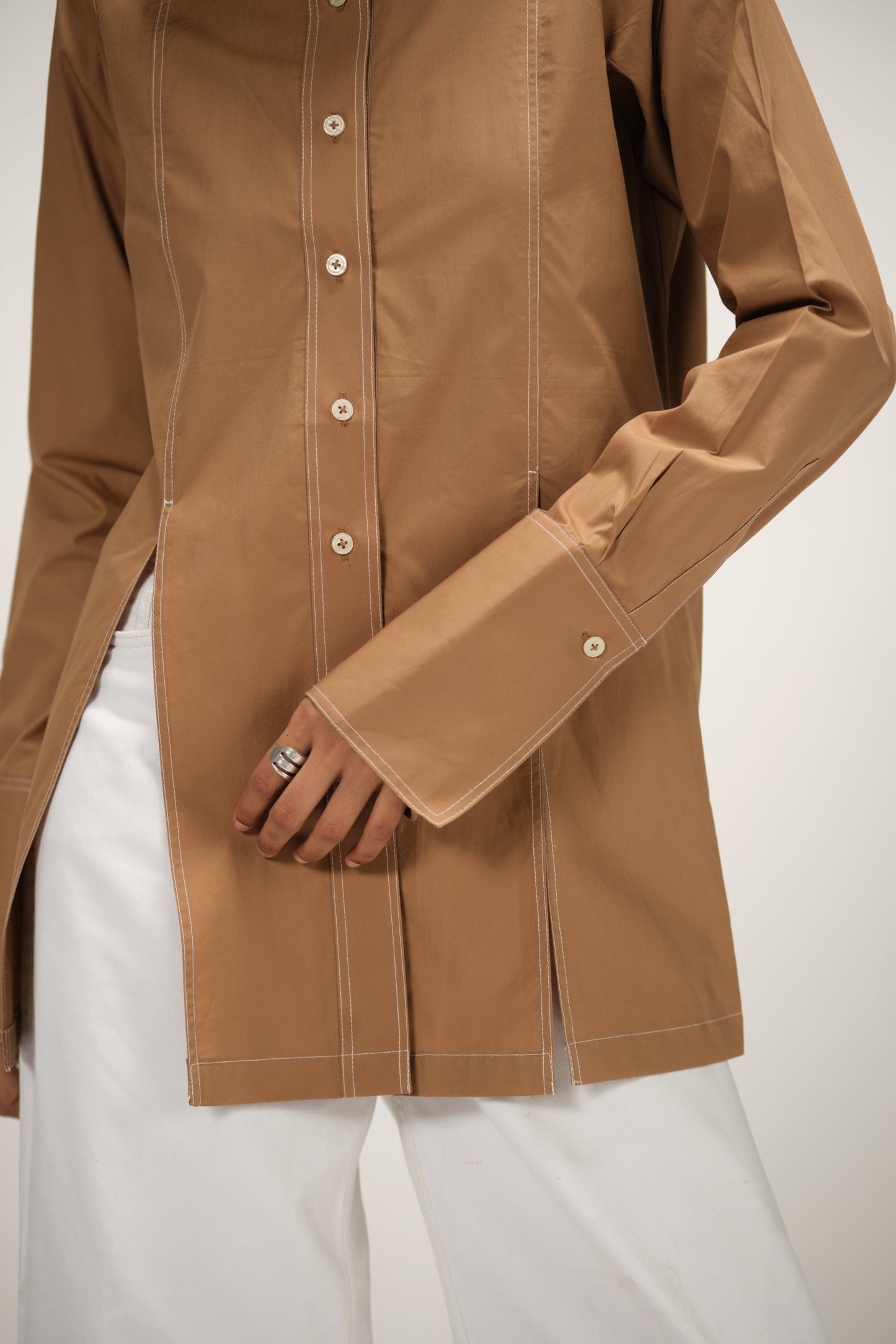 Poplin Shirt with Top Stitch Detail | Brown