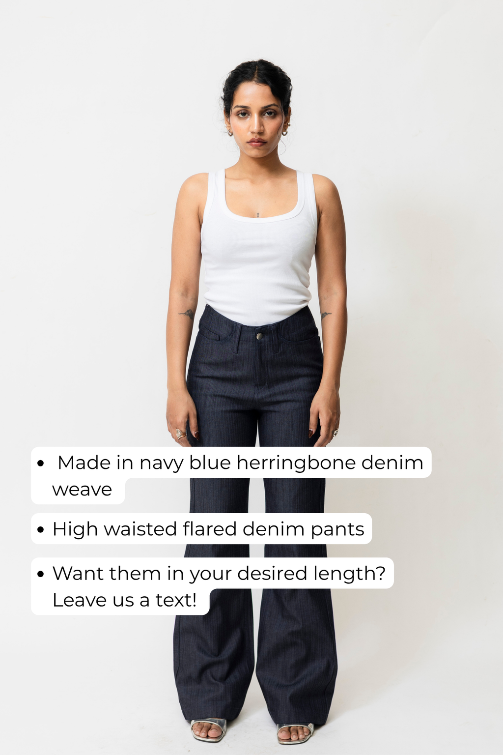 High-Waisted Herringbone Denim Flared Pants | Navy