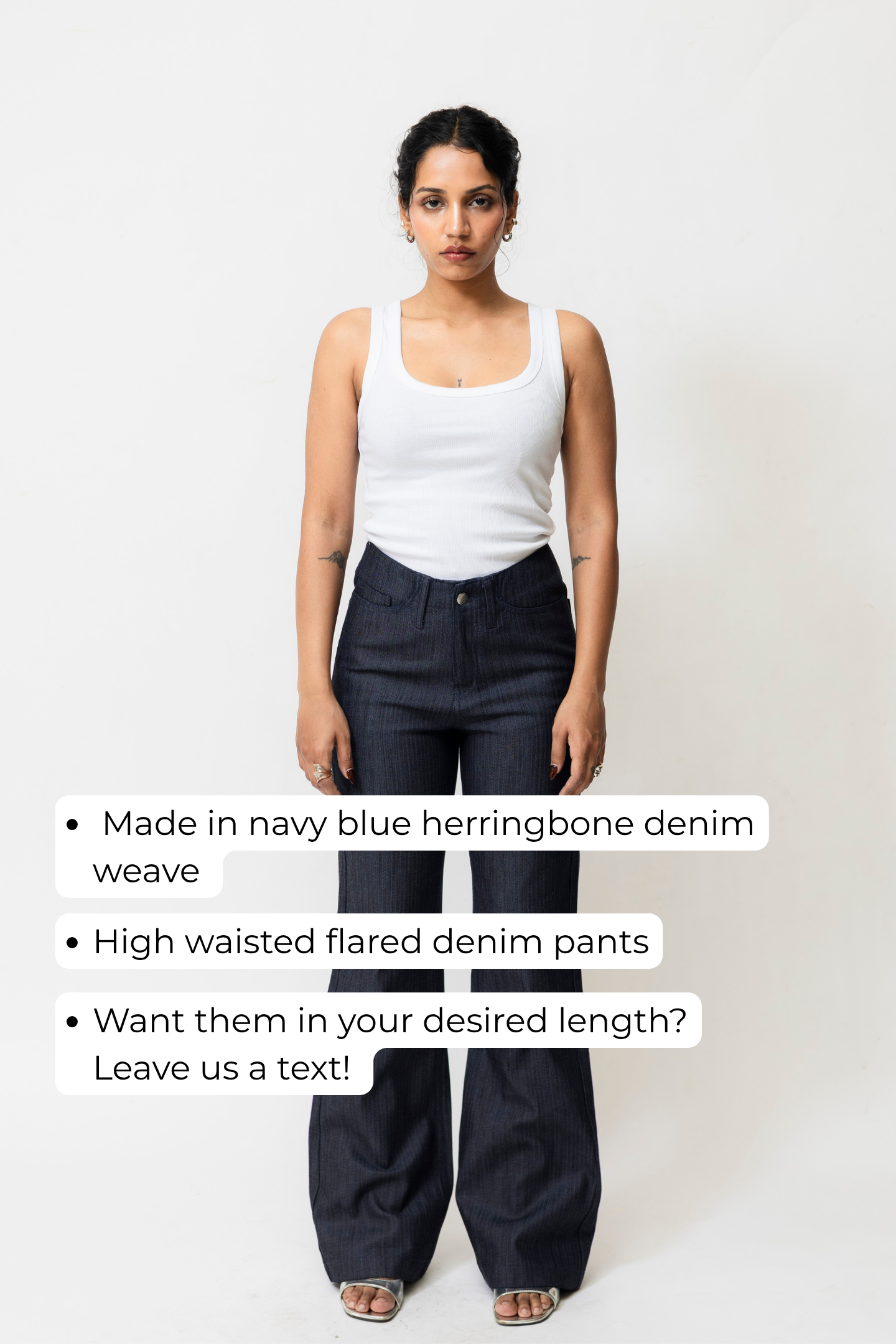 High-Waisted Herringbone Denim Flared Pants | Navy