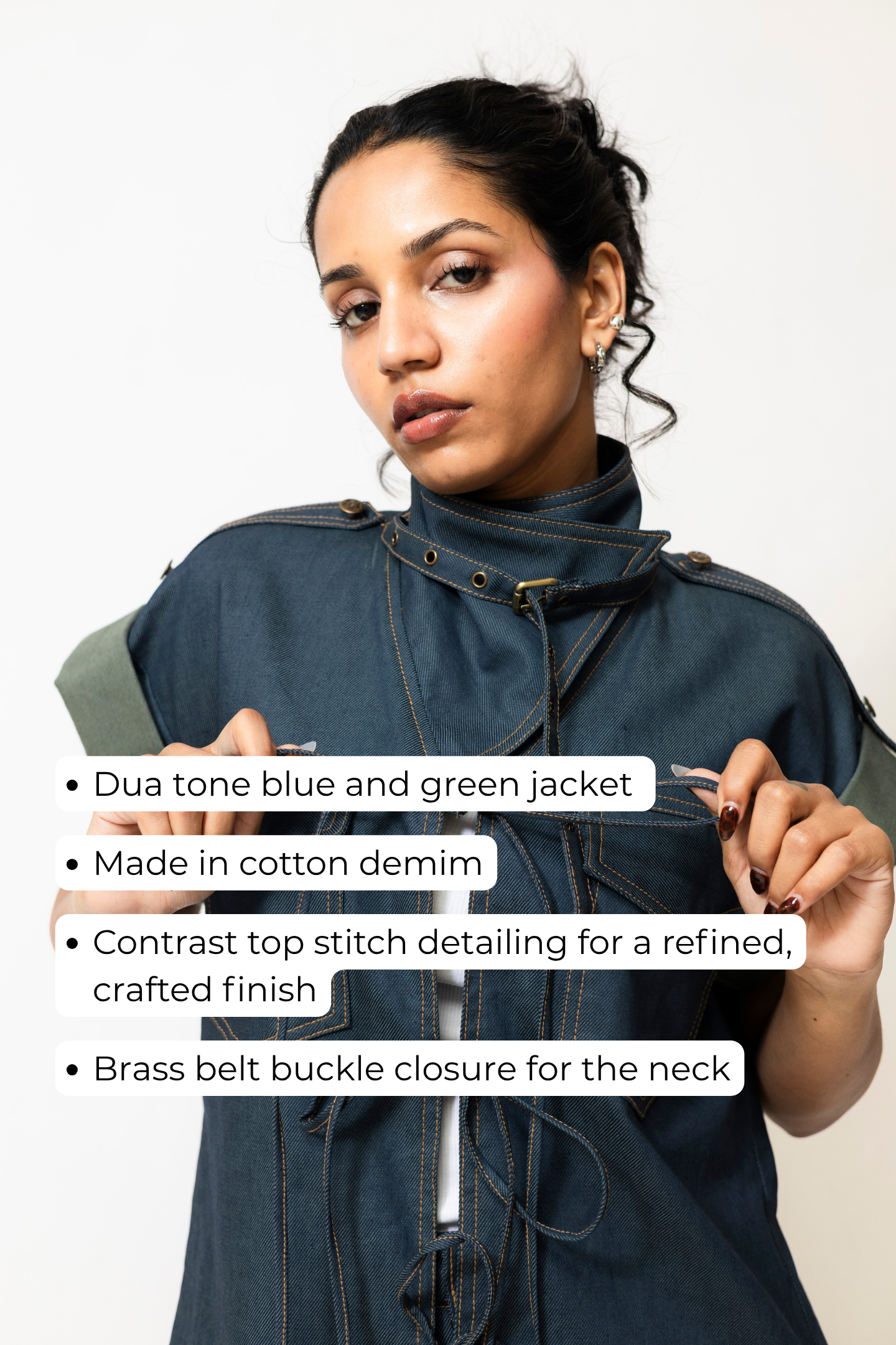 Dual-Tone Denim Utility Jacket with Lace-Up Front | Blue & Green