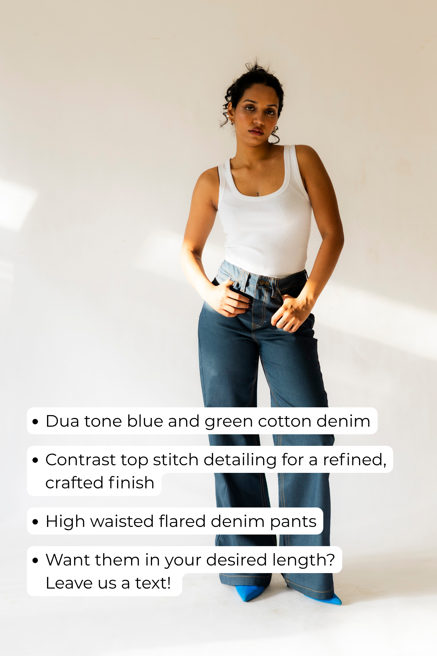 Dual-Tone Denim Pants with Contrast Stitch | Blue & Green