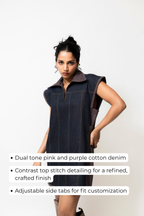 Dual-Tone Denim Mini Dress with Contrast Stitch | Pink & Purple