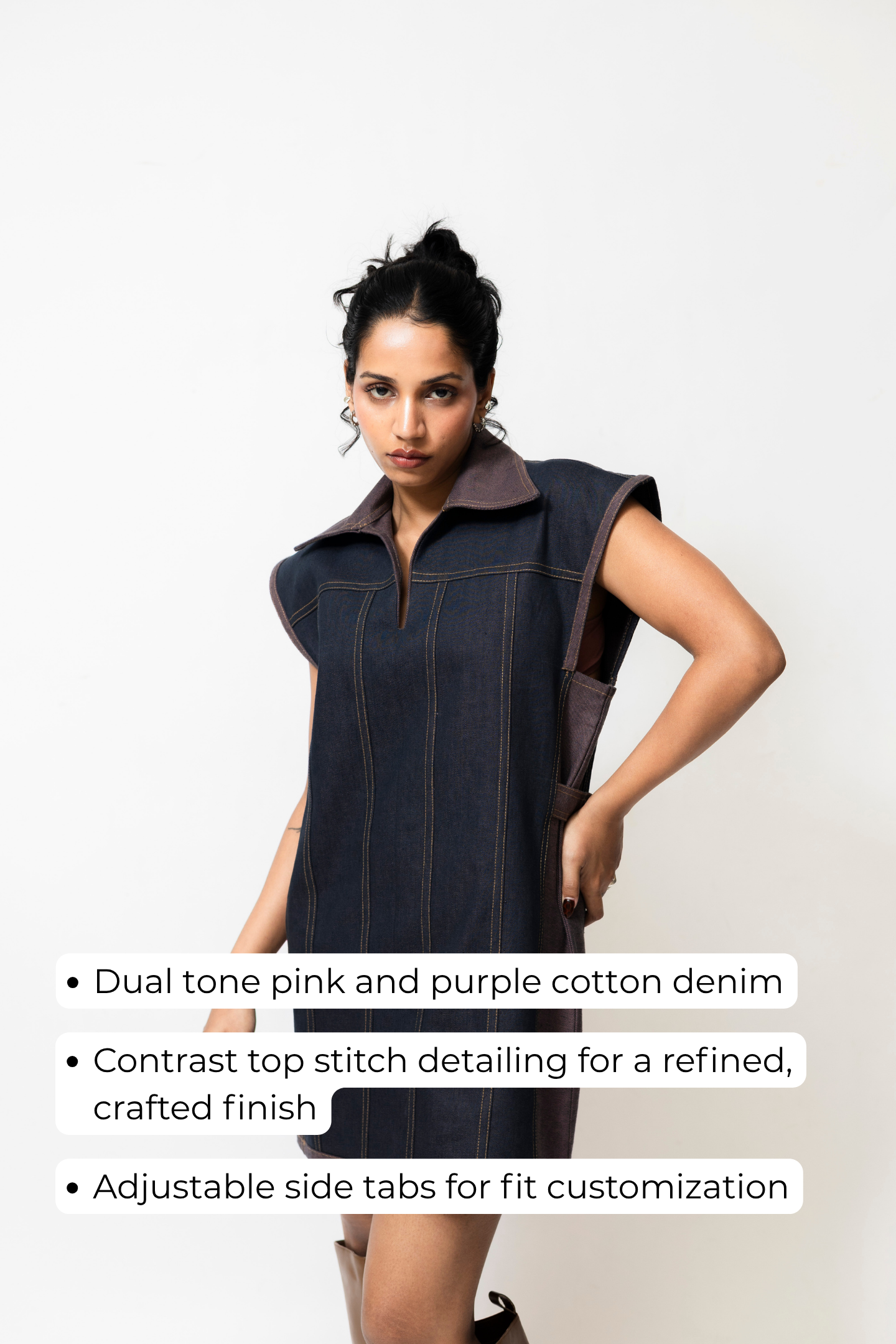 Dual-Tone Denim Mini Dress with Contrast Stitch | Pink & Purple