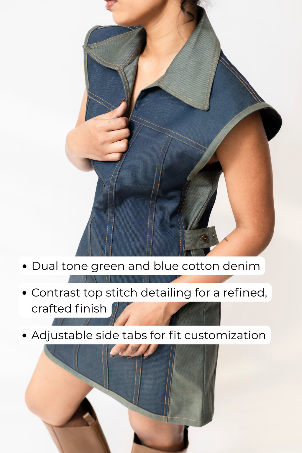 Dual-Tone Denim Mini Dress with Contrast Stitch | Blue & Green