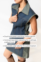 Dual-Tone Denim Mini Dress with Contrast Stitch | Blue & Green