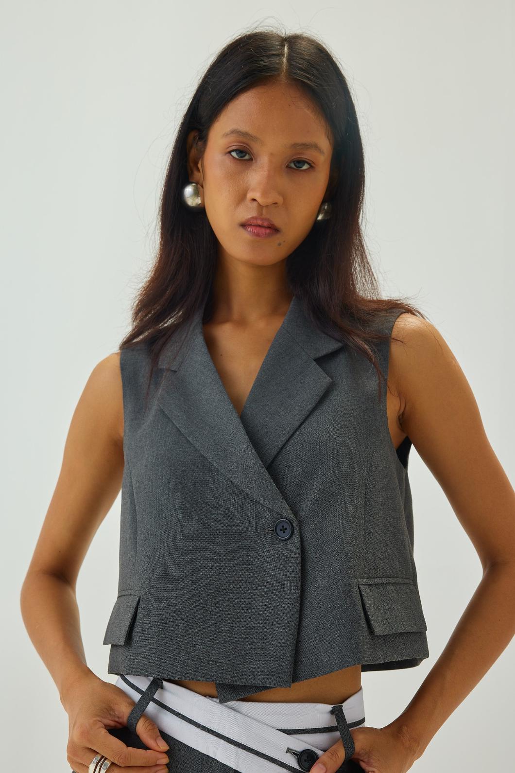 V-Neck Cropped Waistcoat | Grey