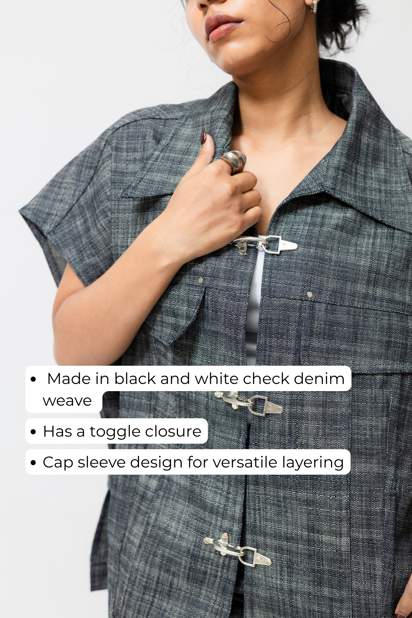 Oversized Denim Utility Jacket with Toggle Closure | Grey