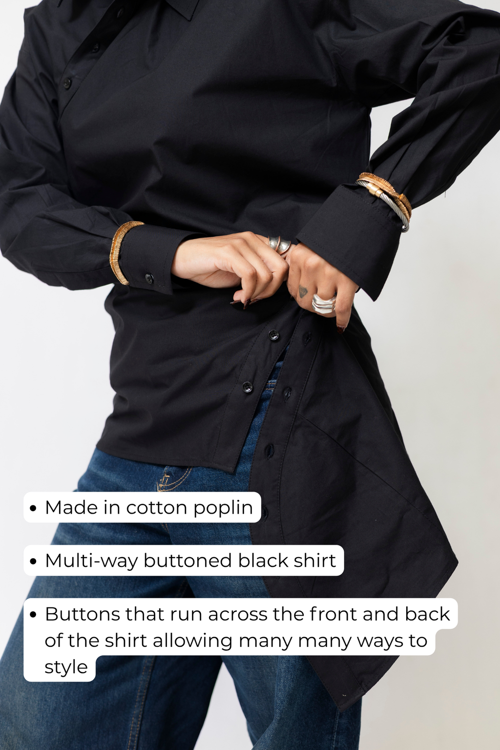 Multi-Way Buttoned Black Shirt | Modular Styling Shirt