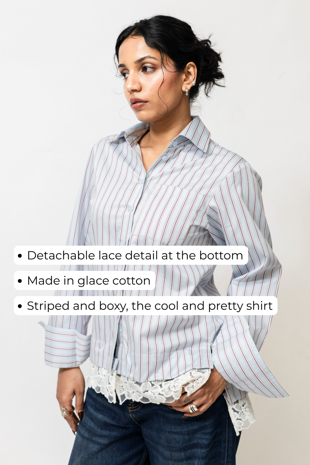Women’s Striped Cotton Blend Shirt with Detachable Lace Hem | Blue & Red