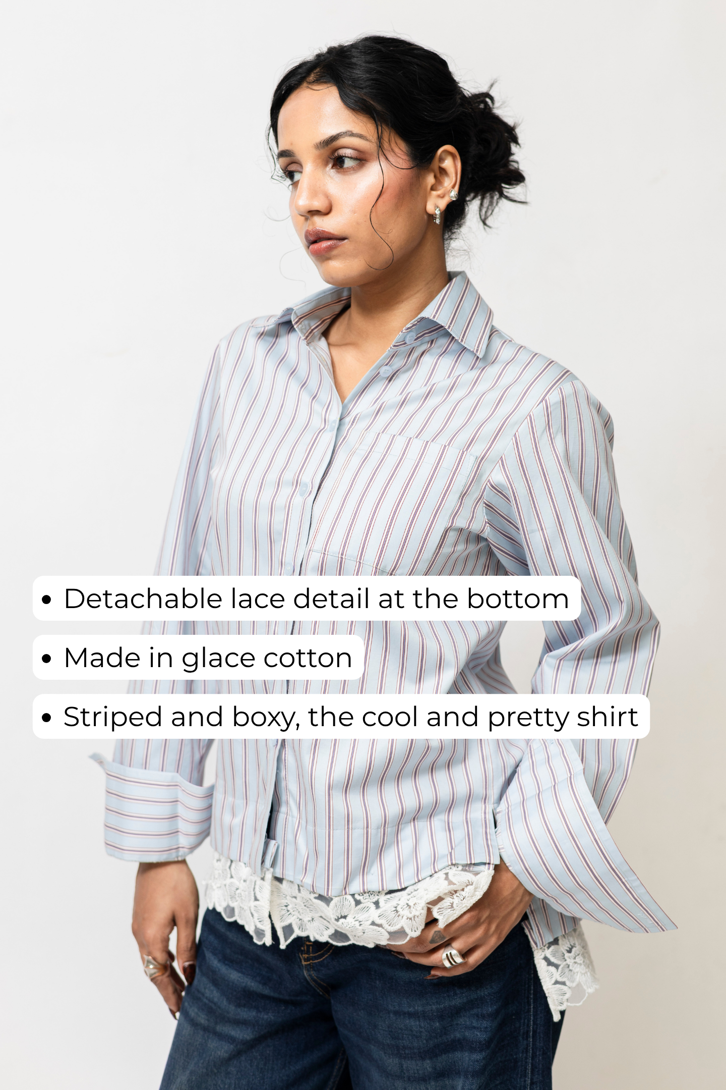 Women’s Striped Cotton Blend Shirt with Detachable Lace Hem | Blue & Red