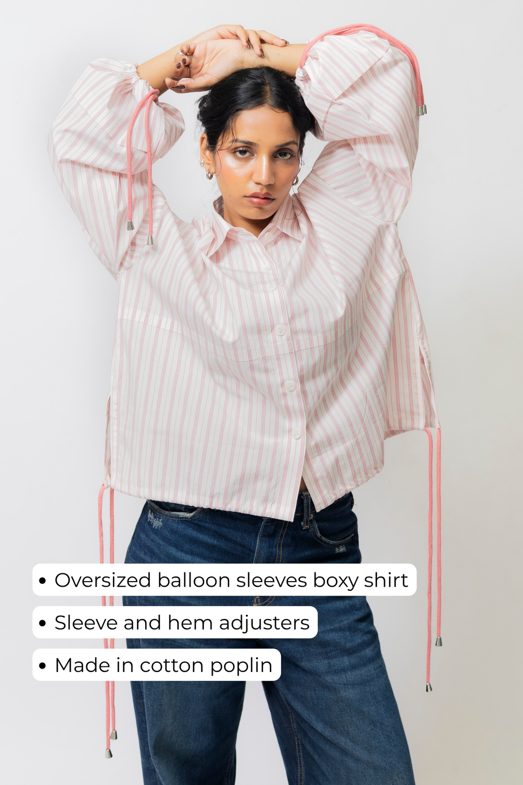 Balloon Sleeve Cotton Shirt with Drawstrings – White & Pink