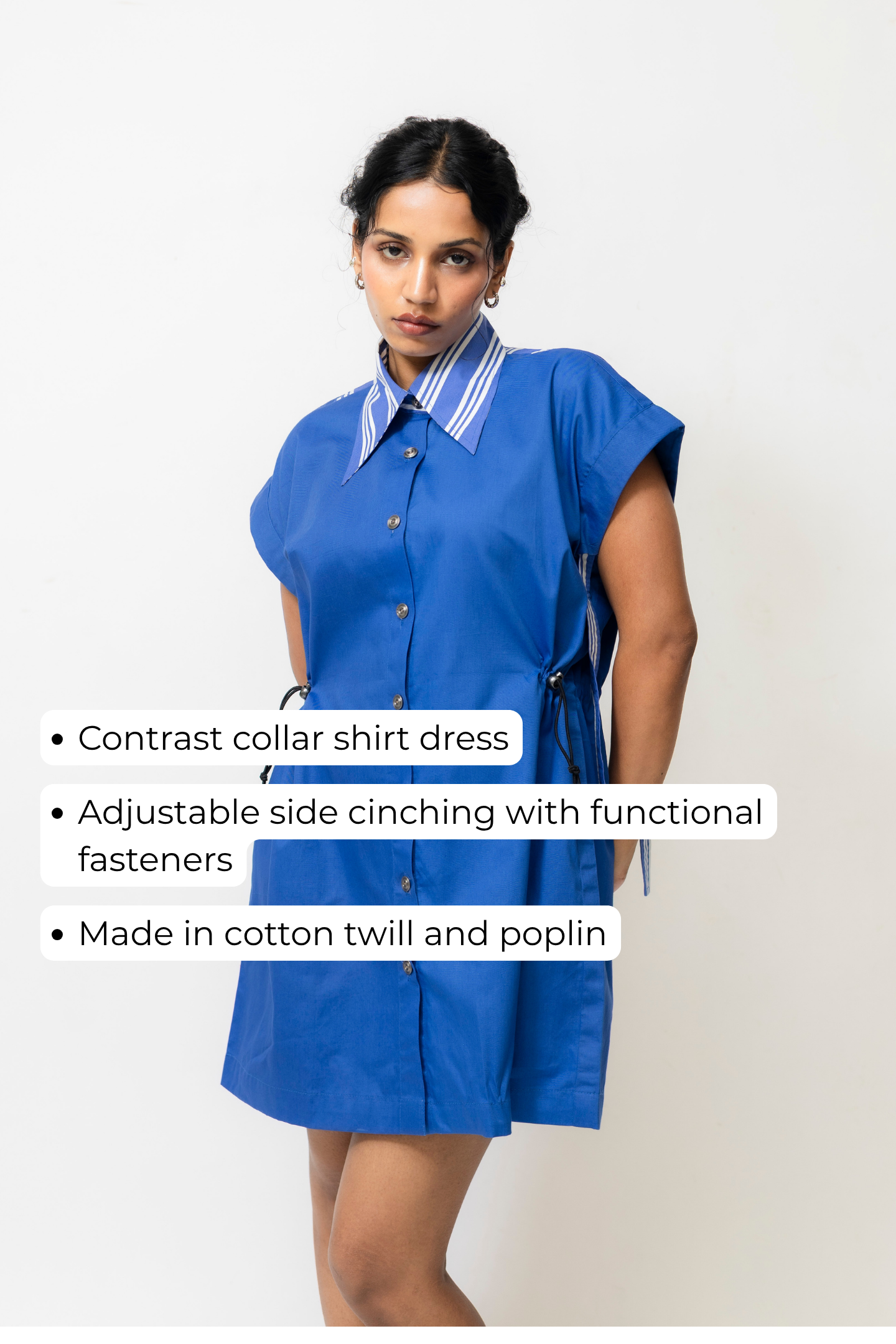 Cotton Shirt Dress with Cinch Waist & Stripe Detail – Blue