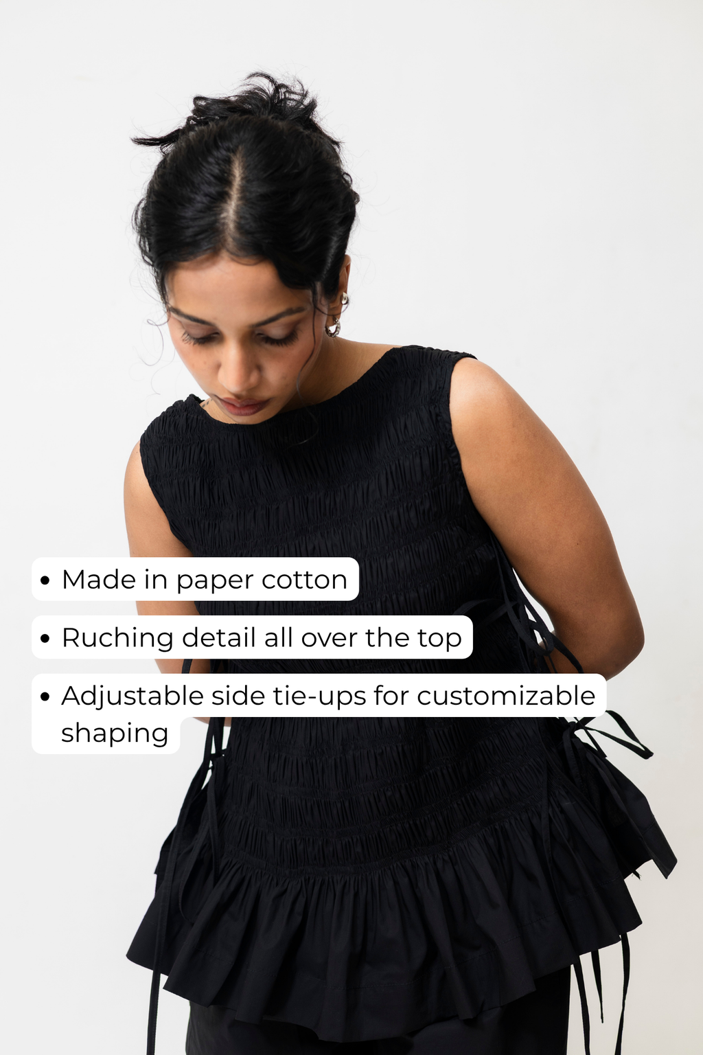 Black Ruched Cotton Top with Side Tie-Up & Ruffle Hem