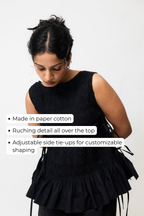 Black Ruched Cotton Top with Side Tie-Up & Ruffle Hem