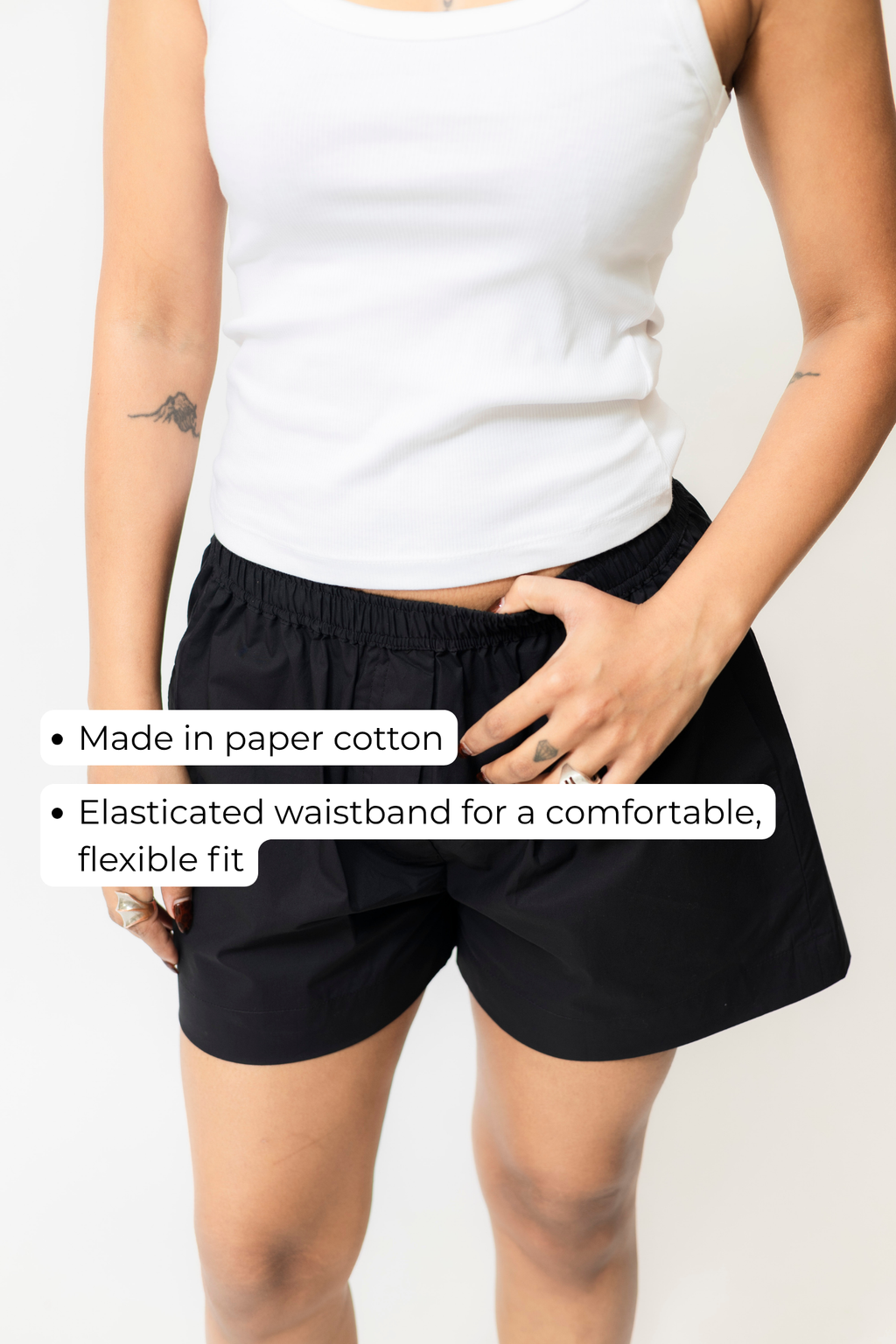 Black Cotton Boxer Shorts with Elastic Waist & Button Detail