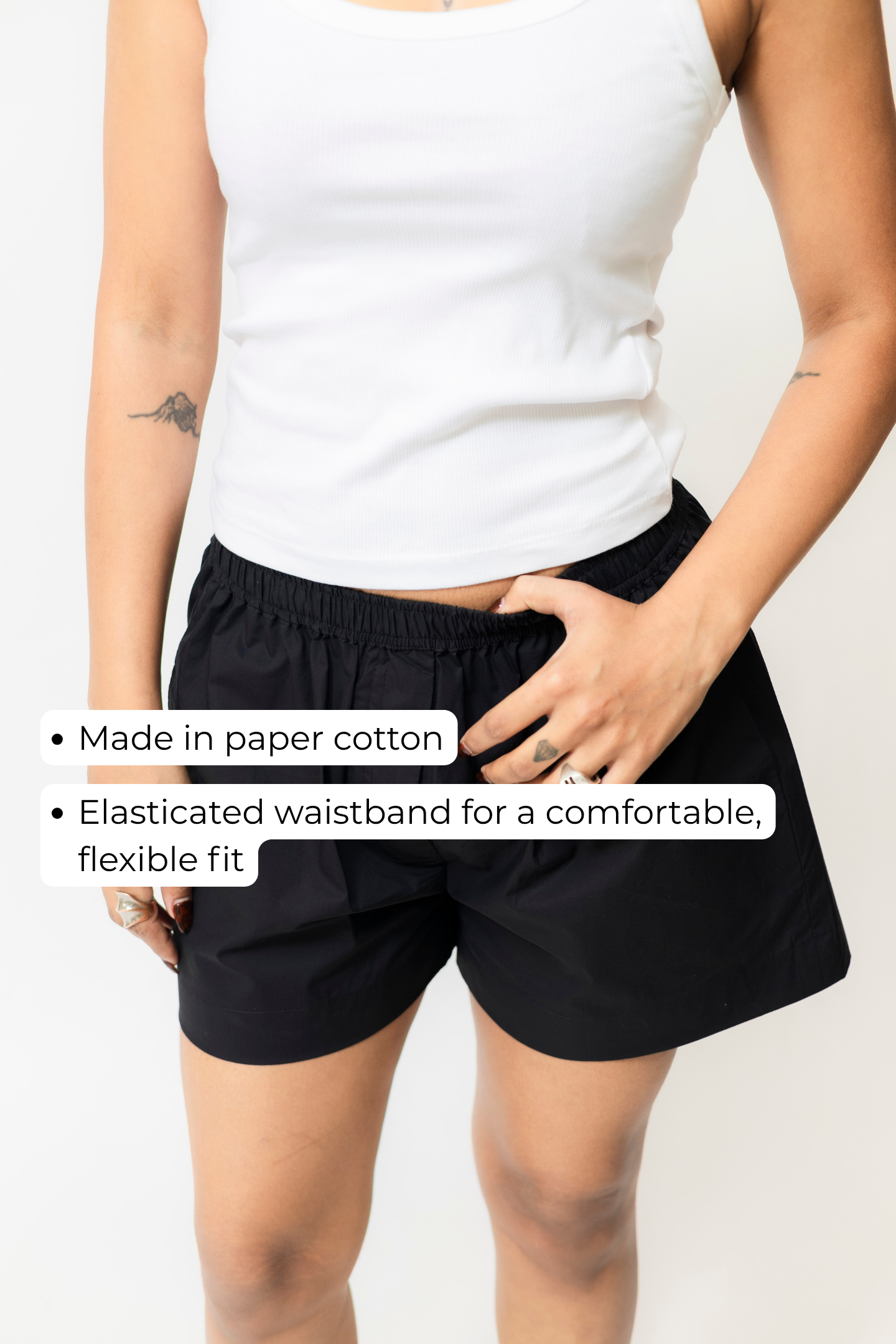 Black Cotton Boxer Shorts with Elastic Waist & Button Detail