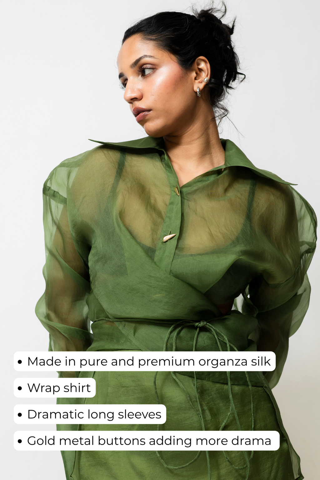 Sheer Organza Wrap Shirt with Tie Waist | Green