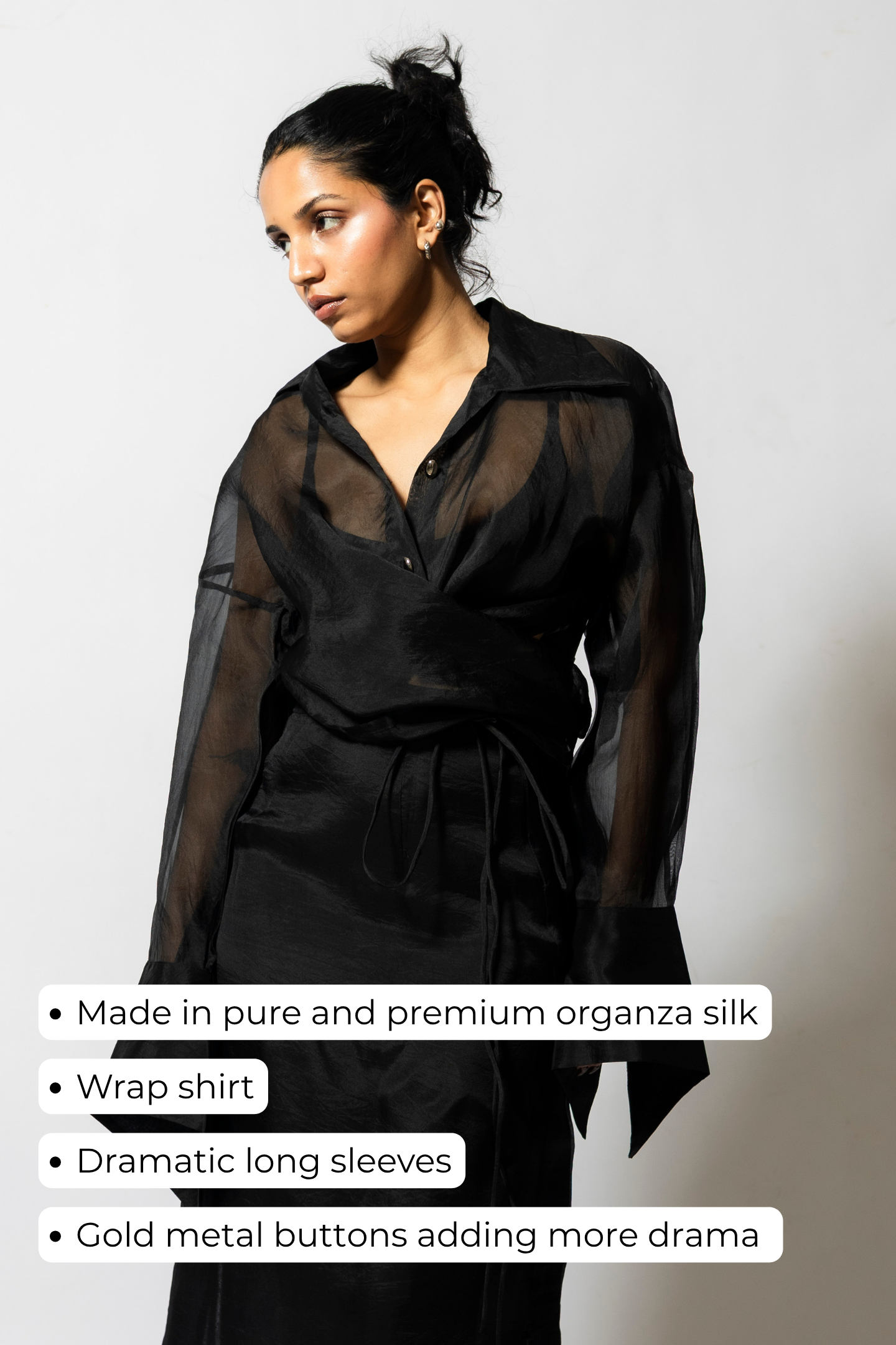 Women’s Sheer Organza Wrap Shirt with Tie Waist | Black