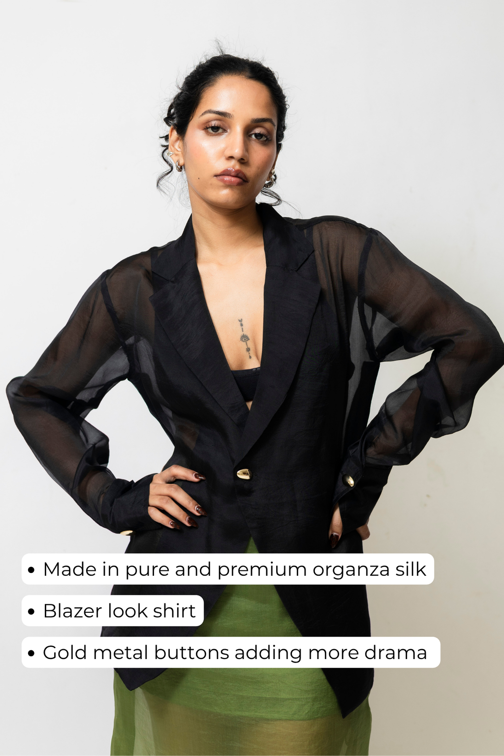 Sheer Organza Blazer Shirt with Metallic Buttons – Black