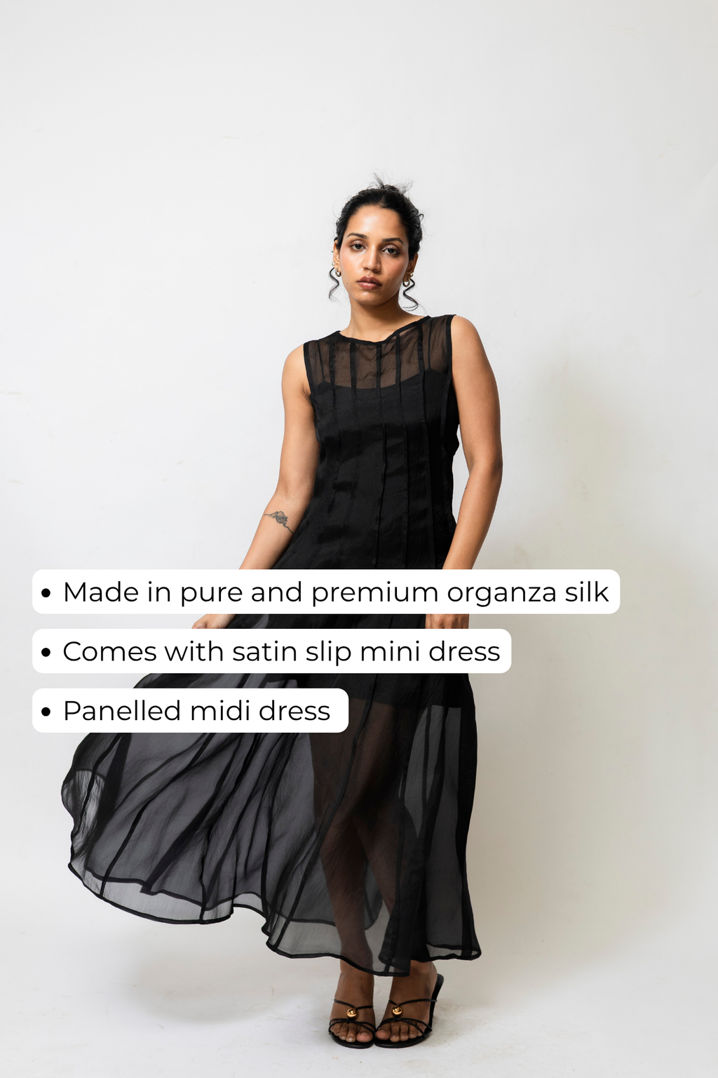 Sheer Organza Midi Dress with Satin Slip – Black