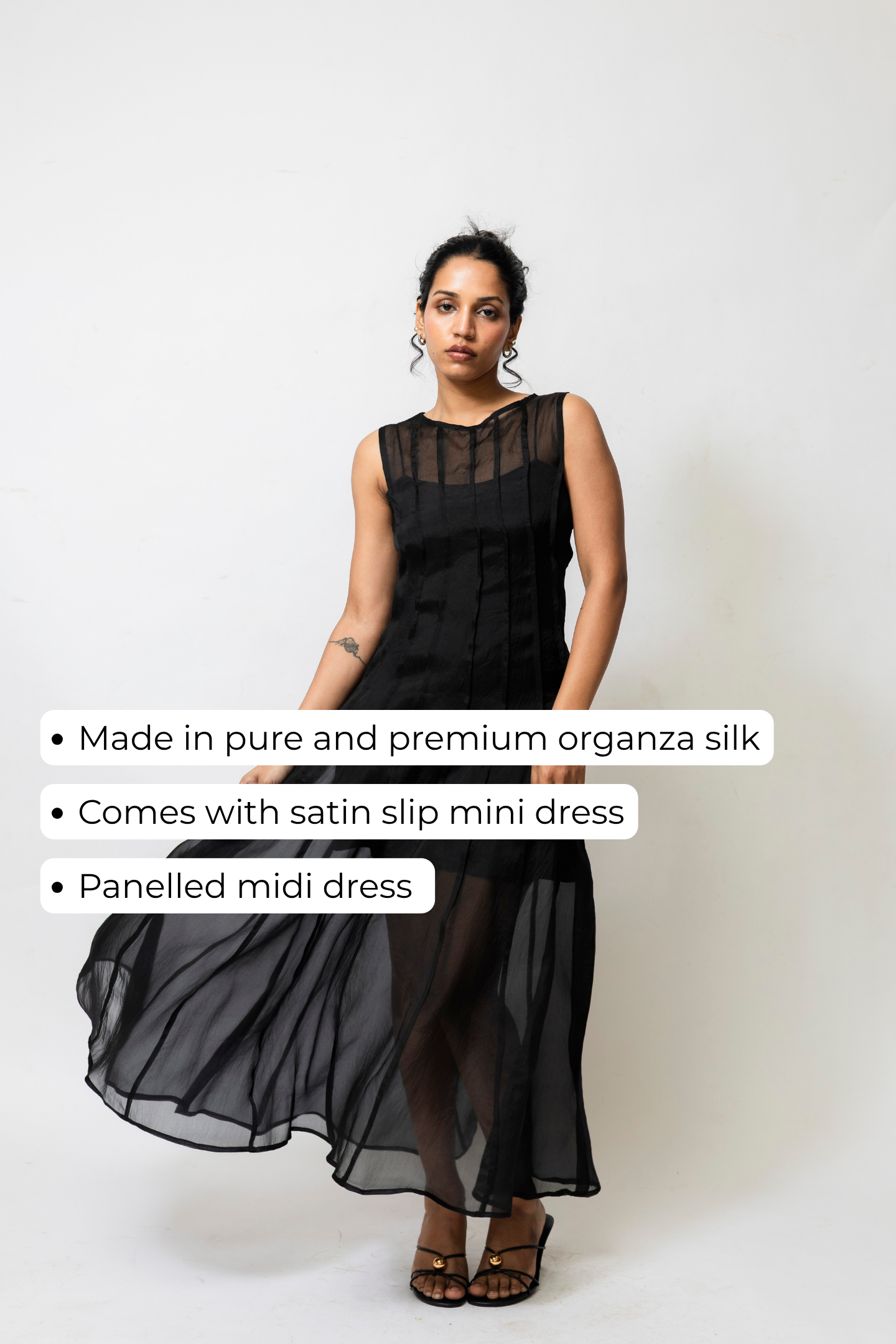 Sheer Organza Midi Dress with Satin Slip – Black