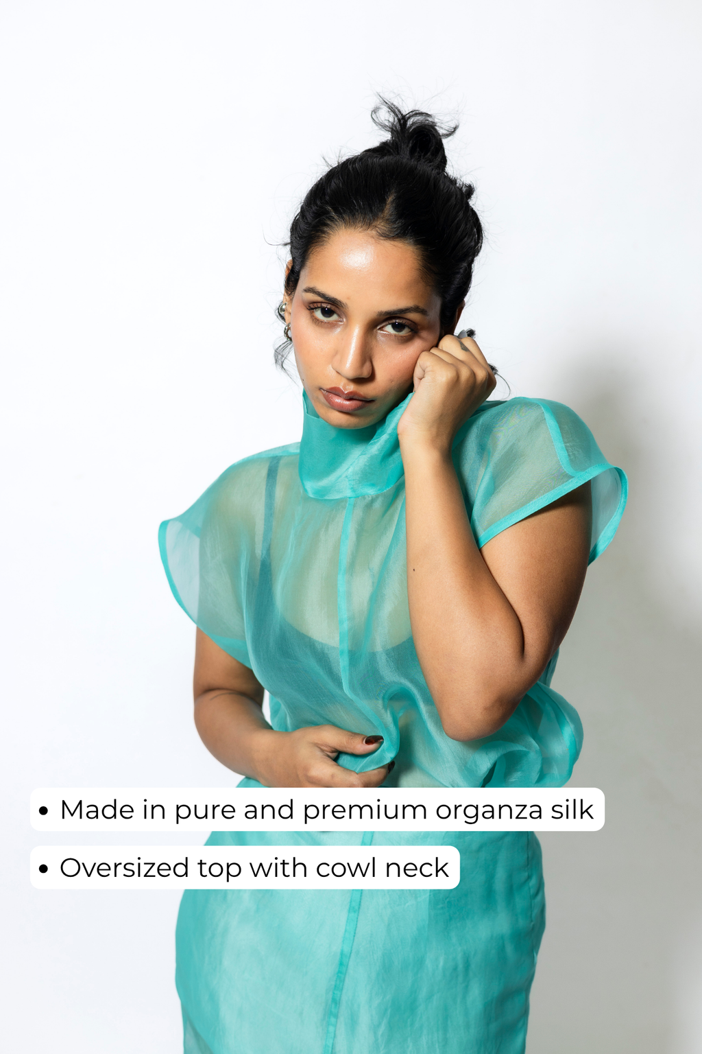 Sheer Organza Cowl Neck Top with Cap Sleeves – Aqua