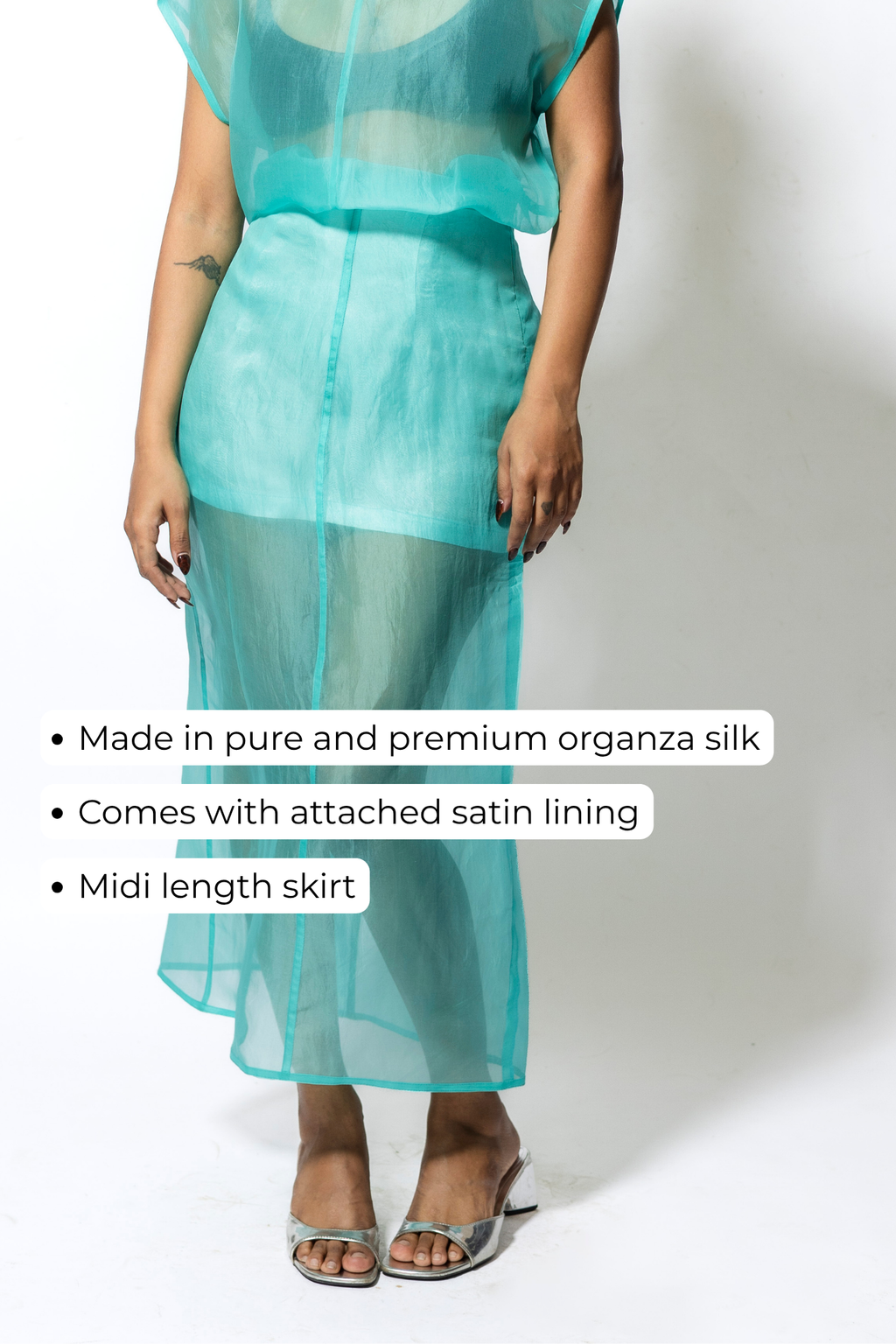 Women’s Sheer Organza Midi Skirt with Satin Lining – Aqua