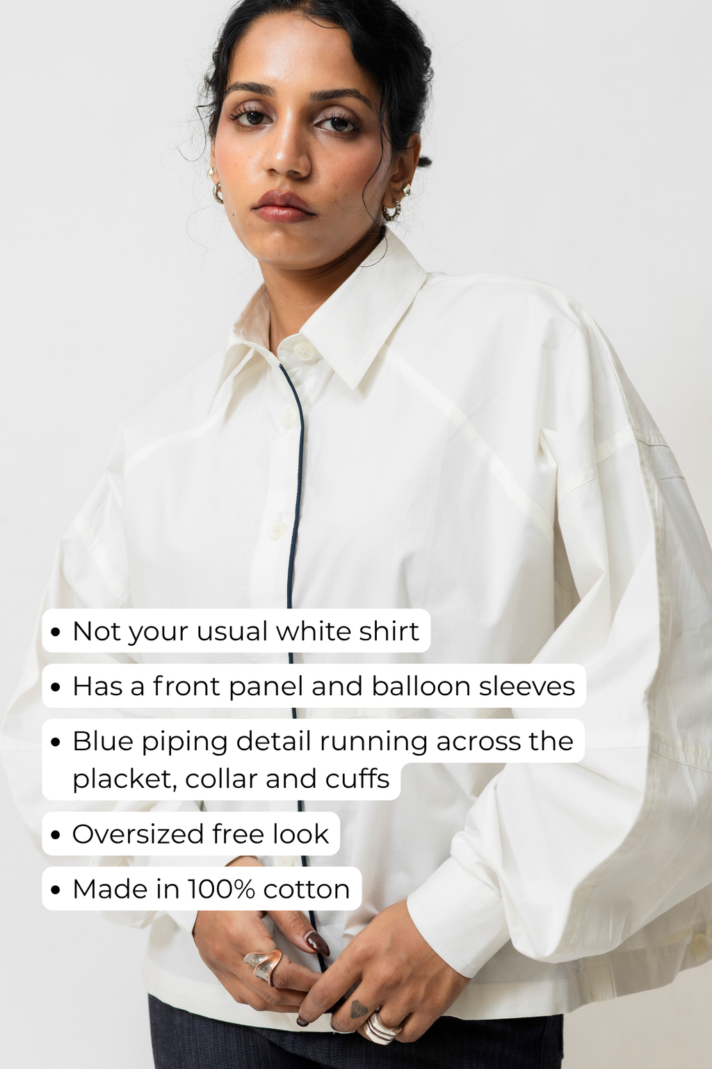 Oversized Cotton Shirt with Contrast Piping | White