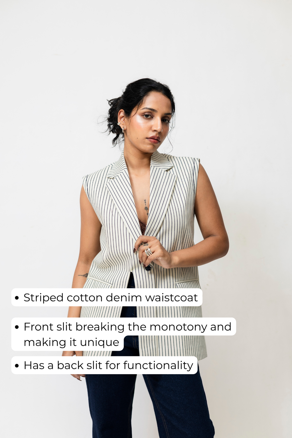 Striped Denim Waistcoat with Front Slit | Tailored Fit