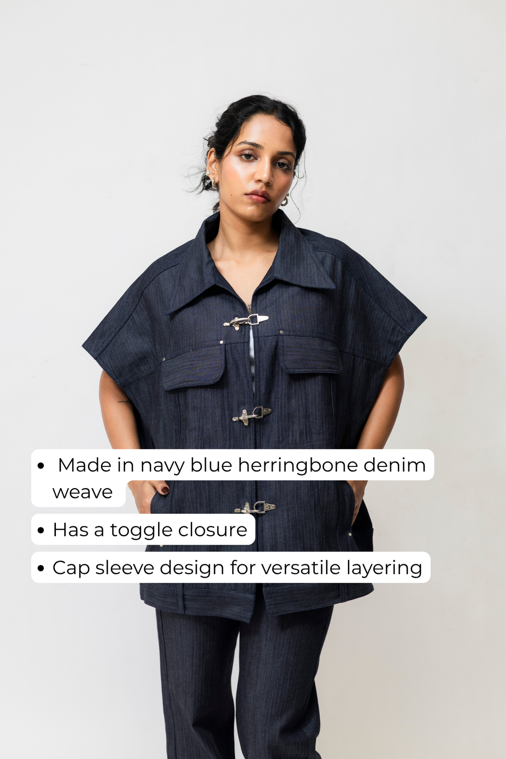 Herringbone Denim Utility Jacket with Hook Closure – Oversized | Navy Blue