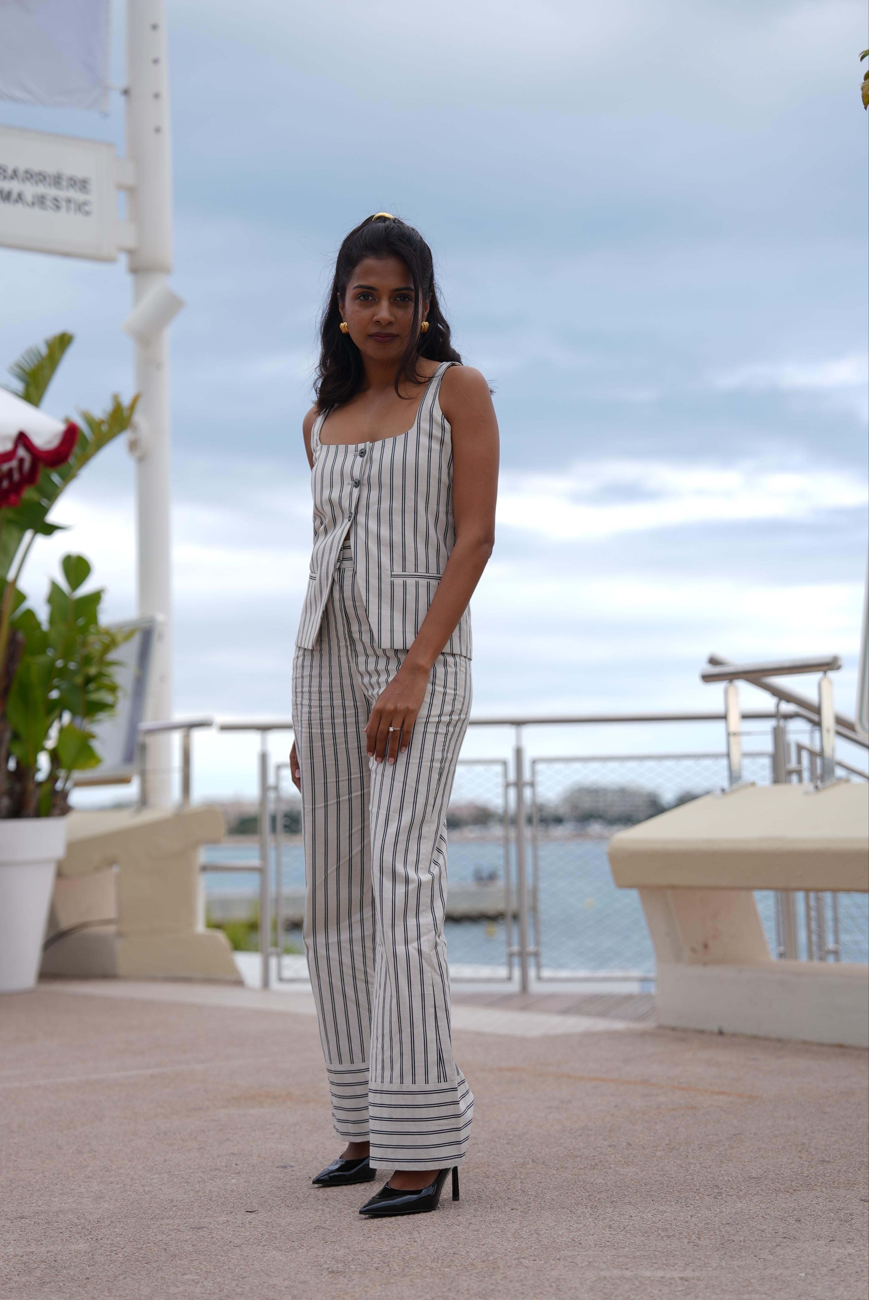 Linen Striped Waistcoat on Sneha Menon Desai