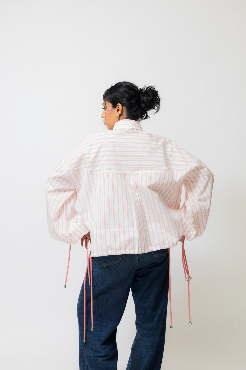 Balloon Sleeve Cotton Shirt with Drawstrings – White & Pink