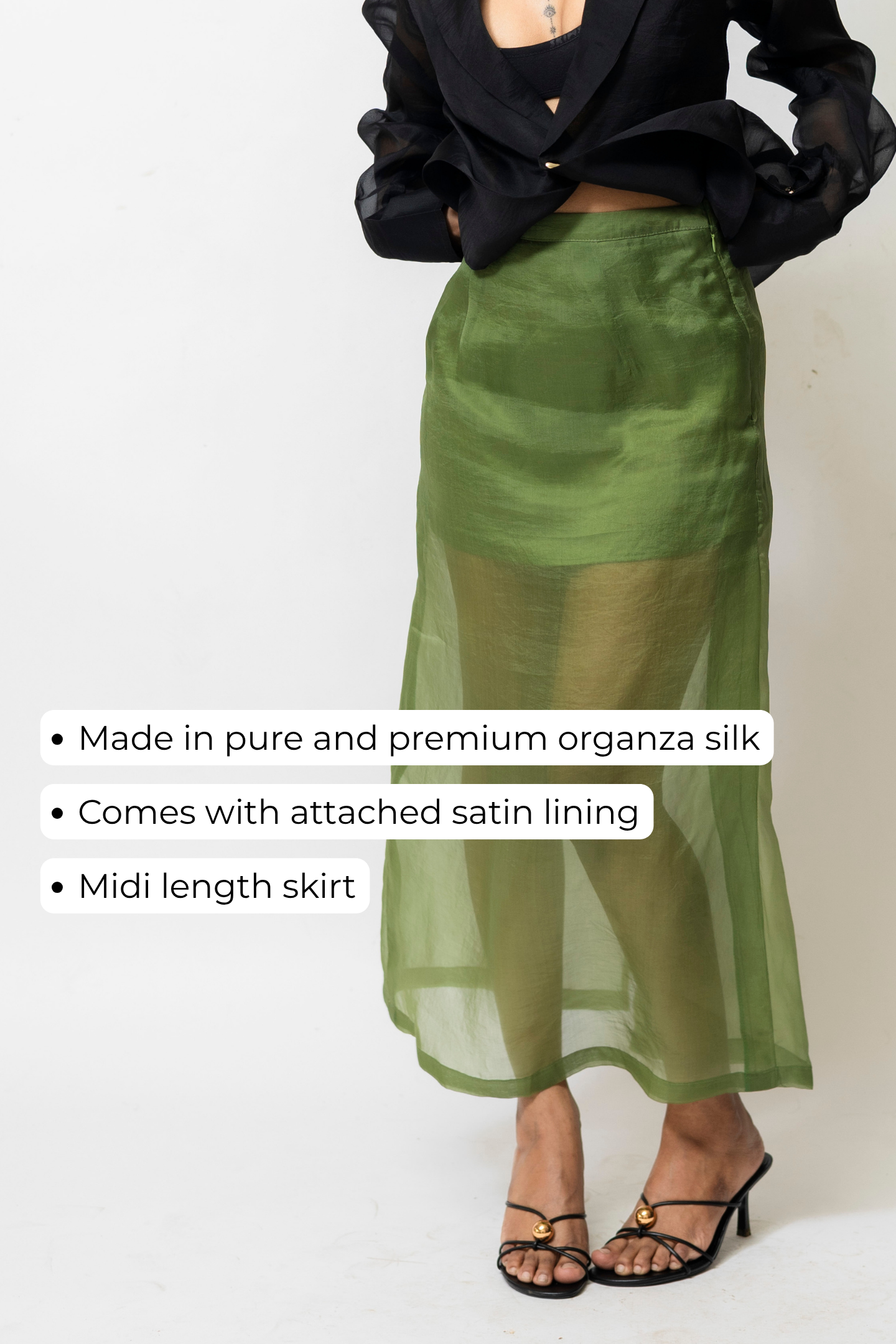 Sheer Organza Midi Skirt with Satin Lining | Green