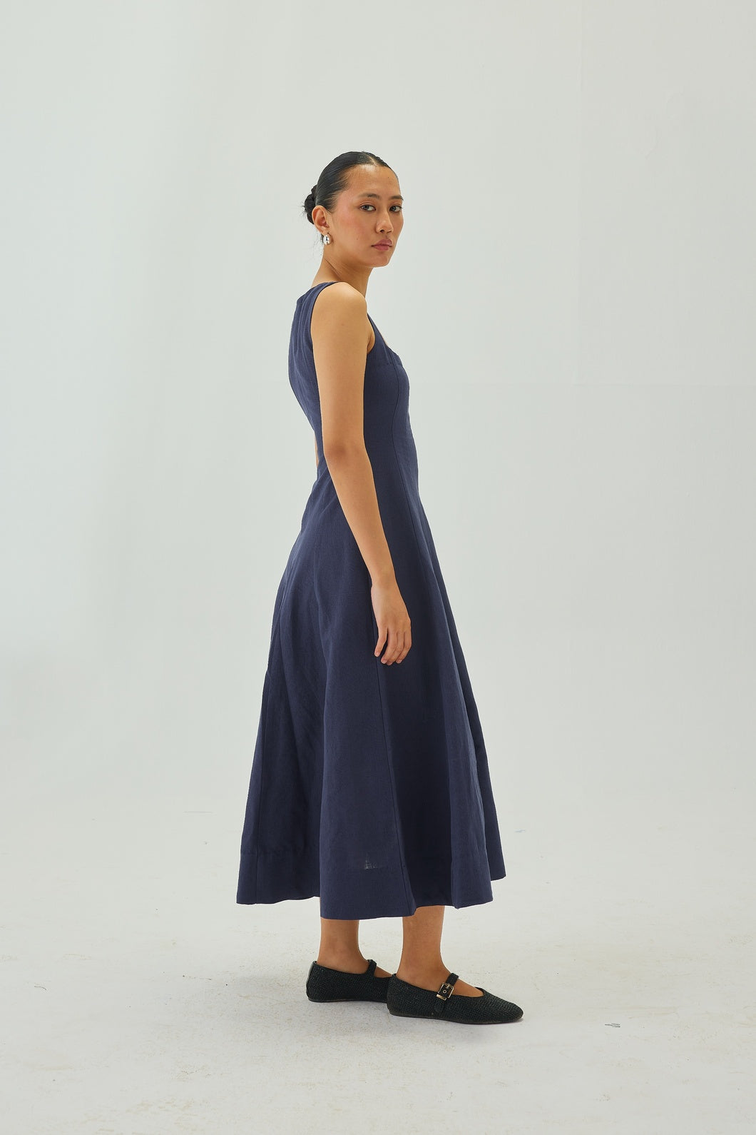Linen Square-Neck Flare Midi Dress | Indigo