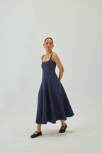 Linen Square-Neck Flare Midi Dress | Indigo