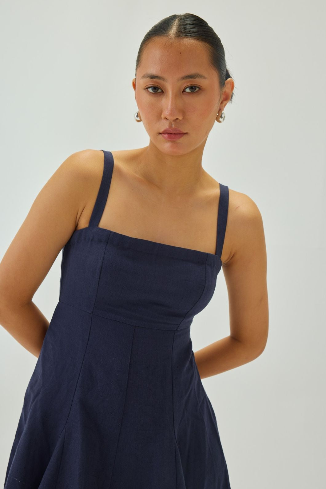 Linen Dress with square neckline | Indigo