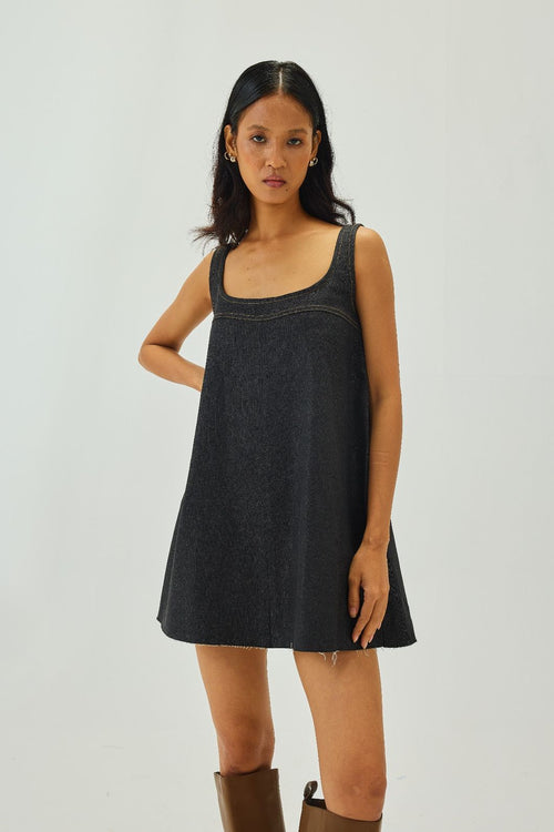 Denim Scoop-Neck Relaxed Mini Dress | Graphite