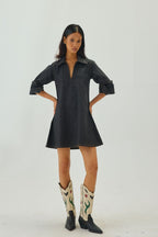 Denim V-Neck Collar A-Line Mini Dress | Graphite