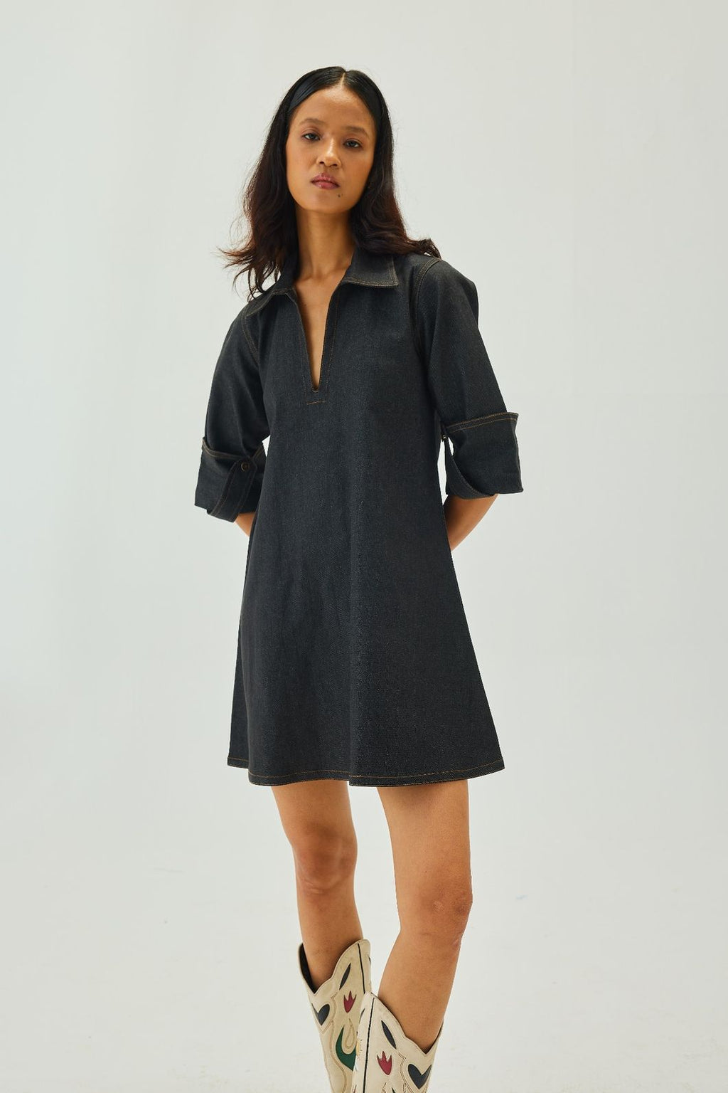 Denim V-Neck Collar A-Line Mini Dress | Graphite