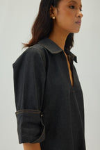 Denim V-Neck Collar A-Line Mini Dress | Graphite