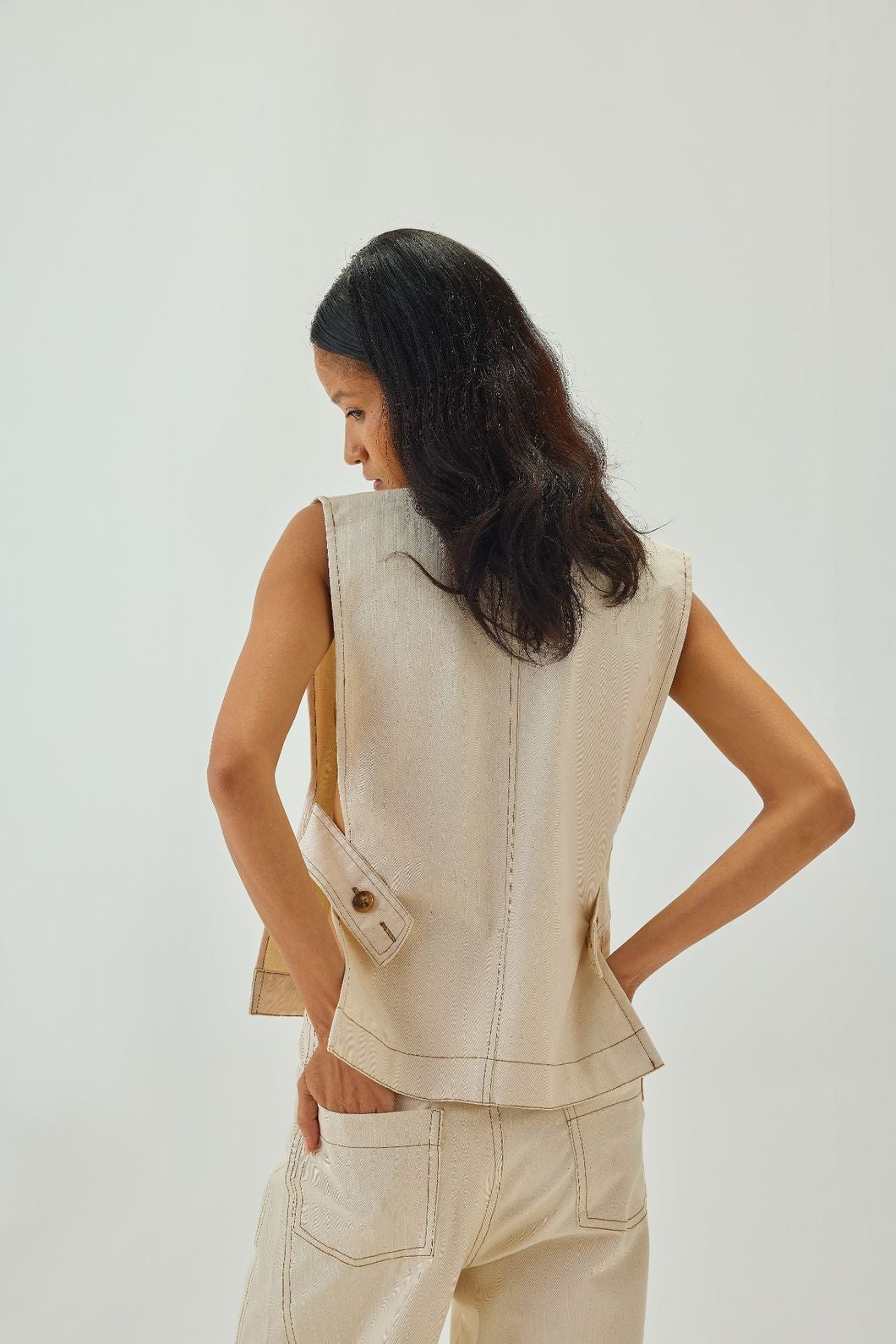 V Neck Vest with Top Stitch Detail | Off White
