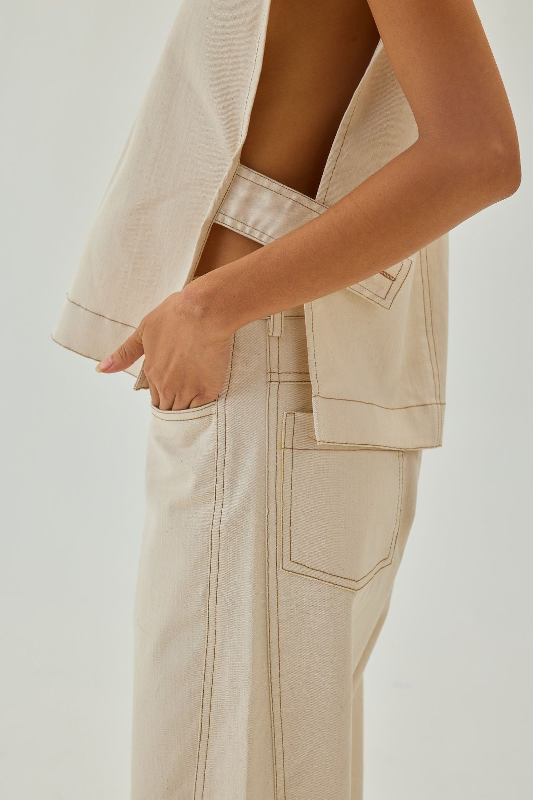 V Neck Vest with Top Stitch Detail | Off White