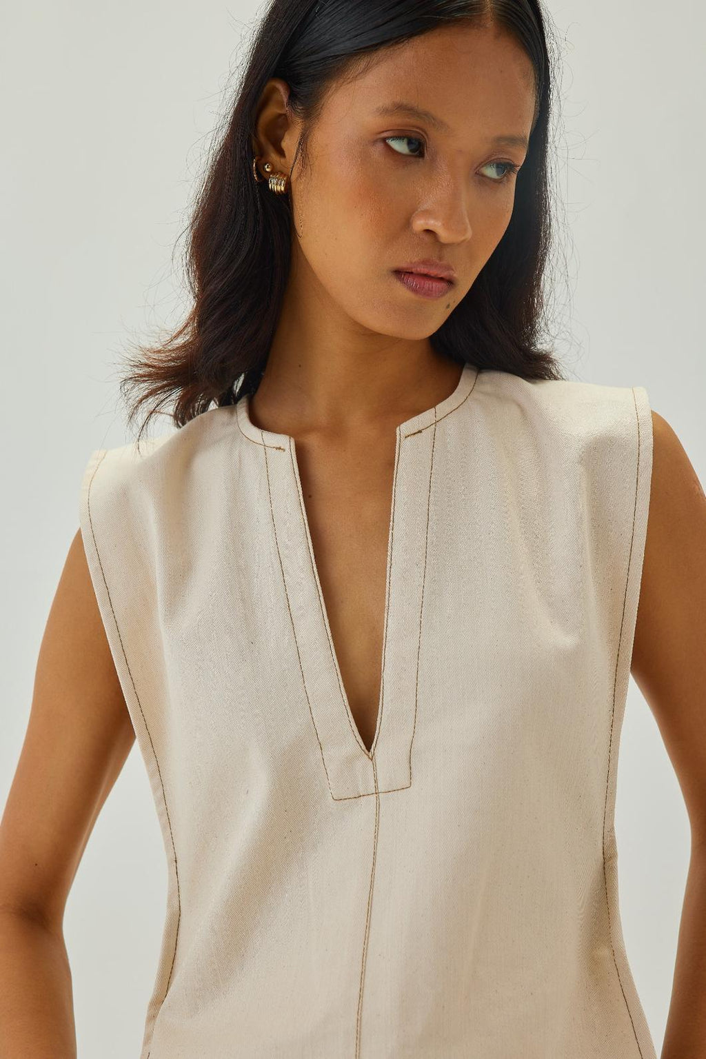 V Neck Vest with Top Stitch Detail | Off White