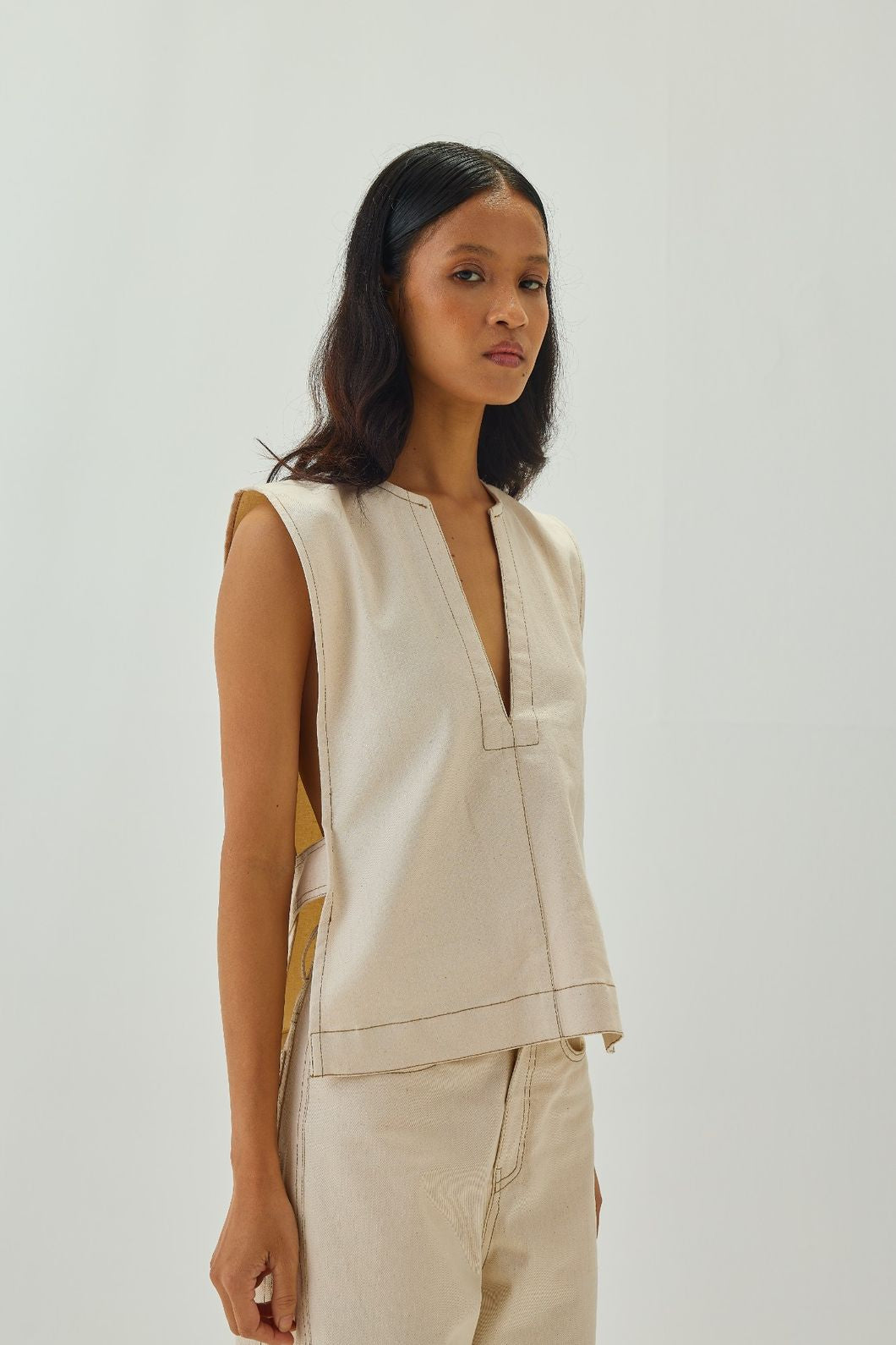 V Neck Vest with Top Stitch Detail | Off White