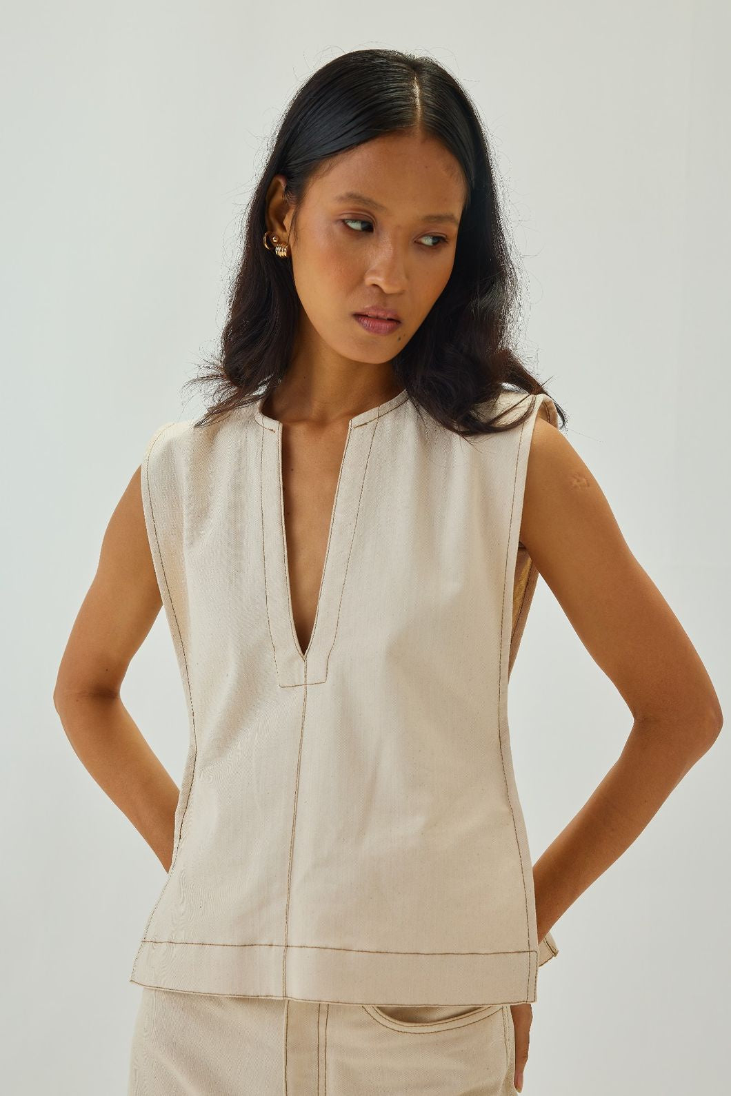 V Neck Vest with Top Stitch Detail | Off White