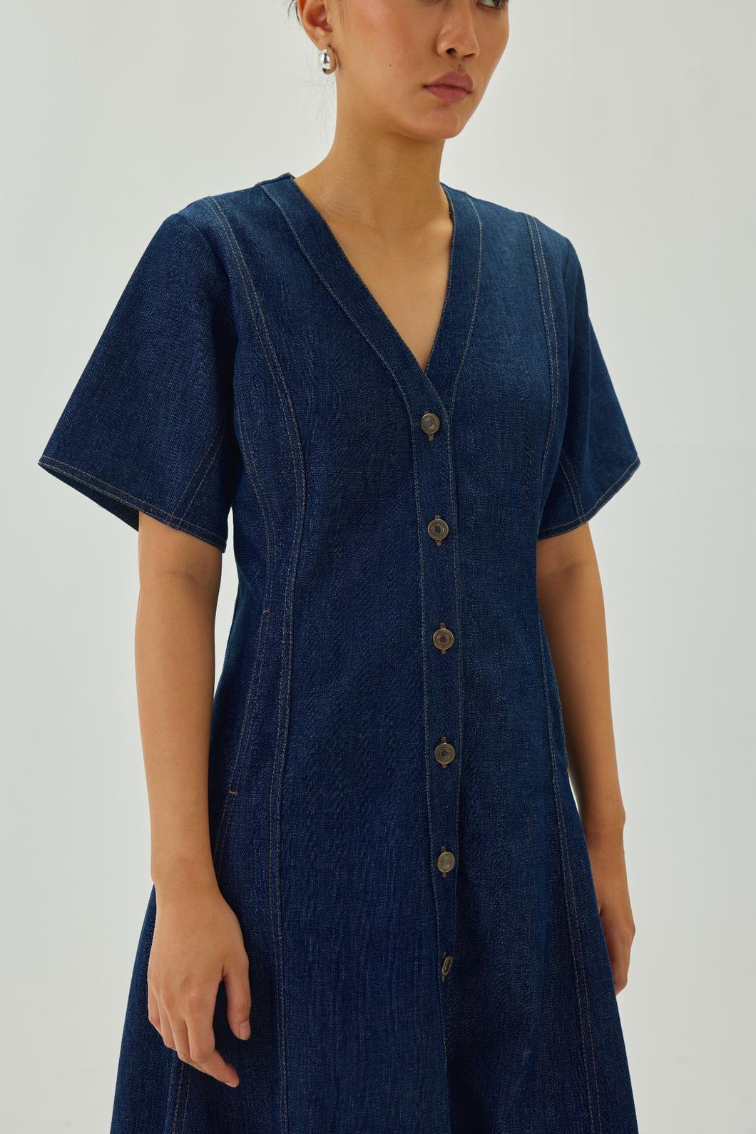 A-line Denim Midi Dress | Blue
