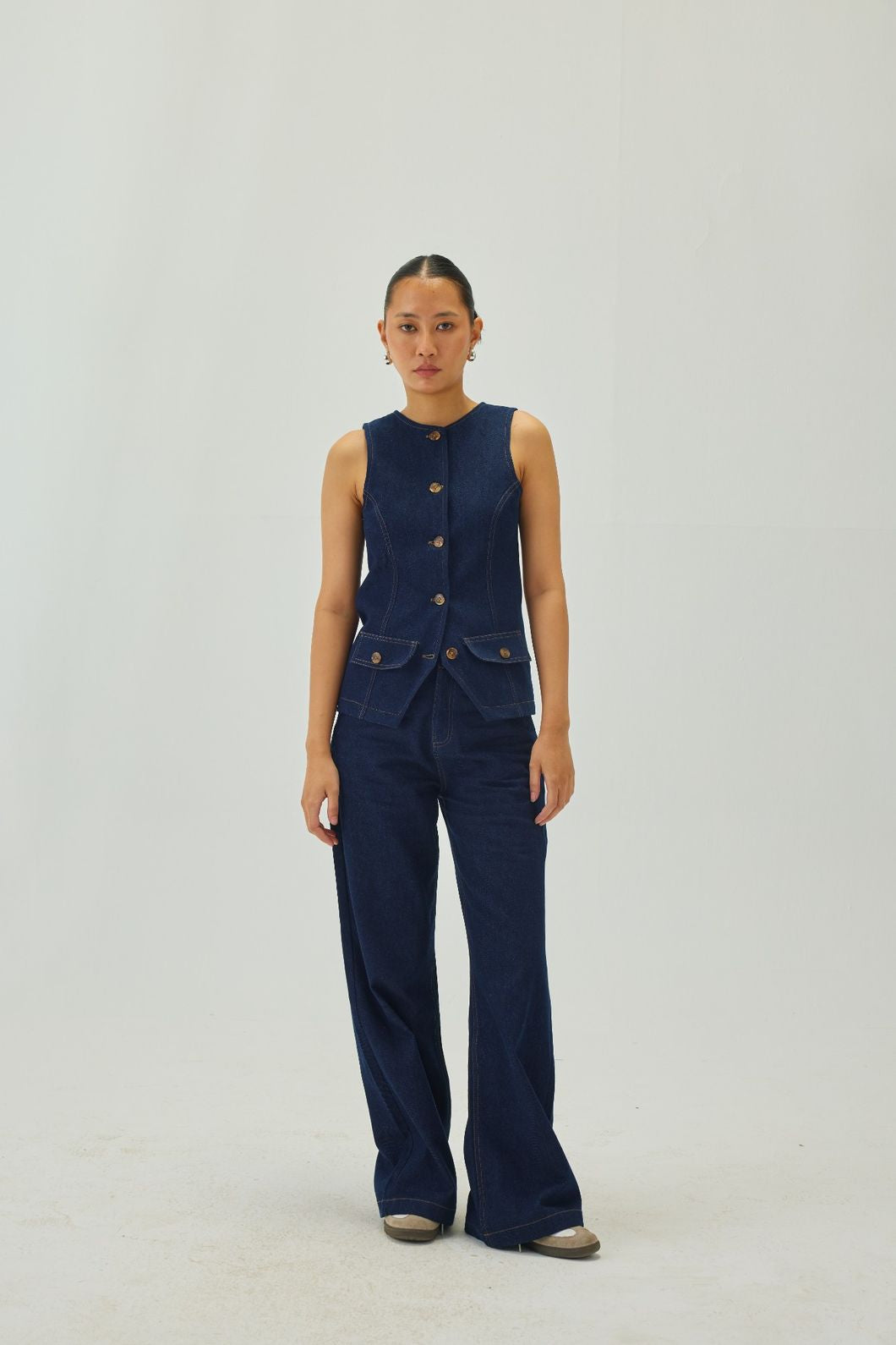 Denim Oval Neck Waistcoat | Blue