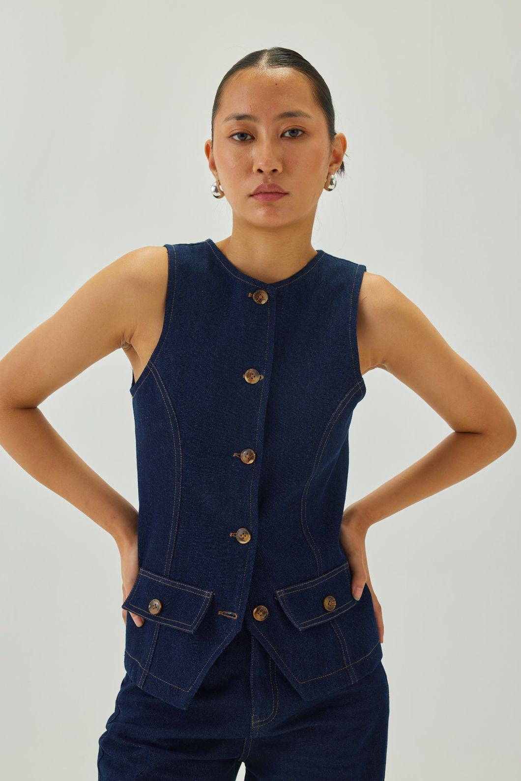 Denim Oval Neck Waistcoat | Blue